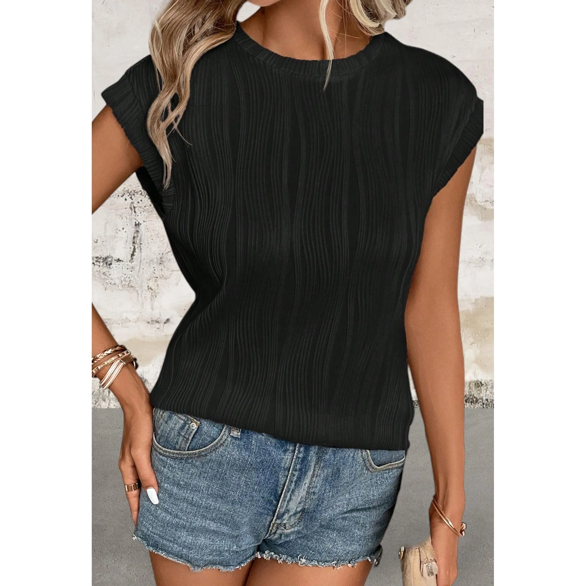Cap Sleeve Wavy Texture Top