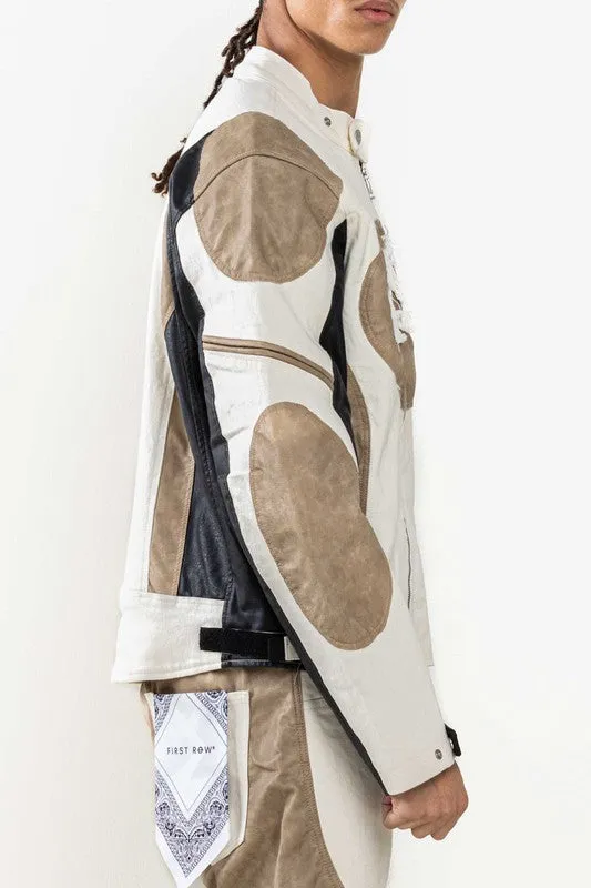 Ecru Premium Leather Mix Racing Jacket
