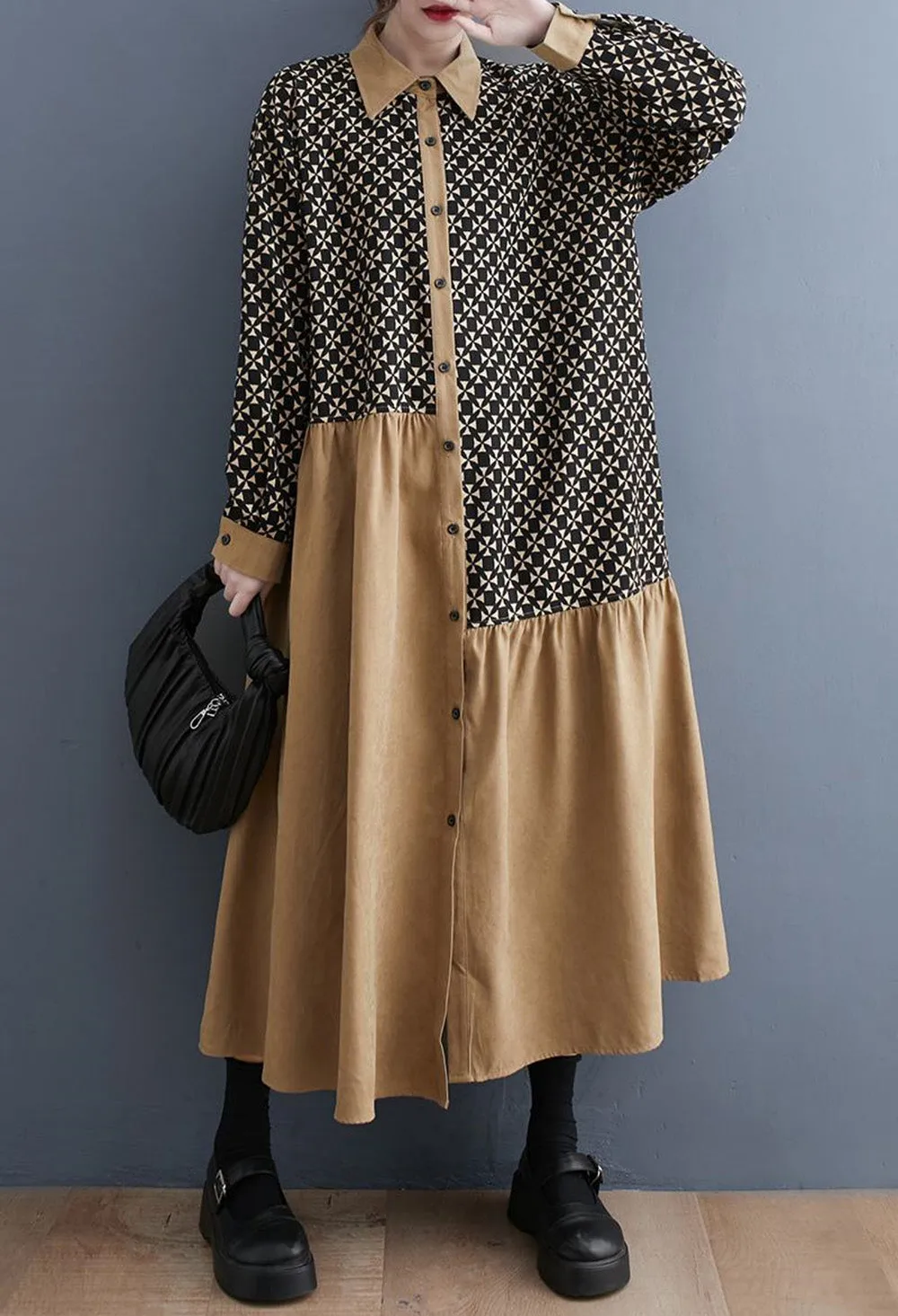 ellazhu Women's Patchwork Polo Long Dress Printed Buttons Down Outerwear GZ08